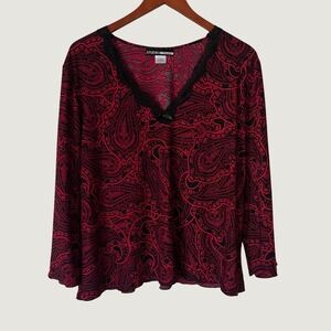 Studio Donatella Red Black Paisley Lace V-Neck Swing Top Y2K Baby Doll XL